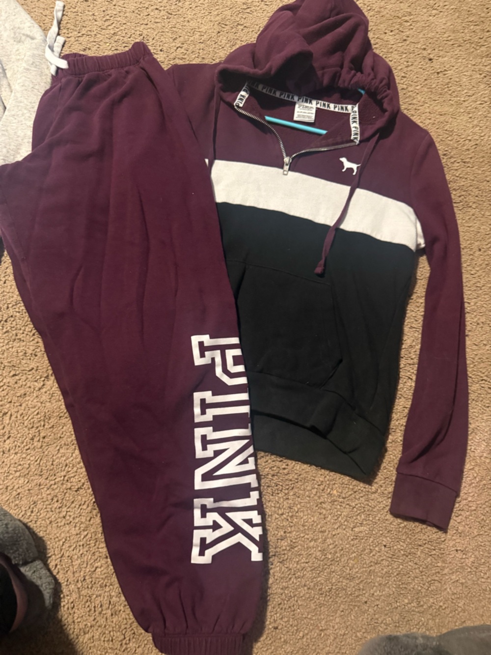 PINK Victoria's Secret Maroon Black White Colorblock Track Joggers Set
